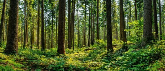 Obraz premium The Forest of Tall Evergreen Trees with Sunlit Mossy Ground and Ferns