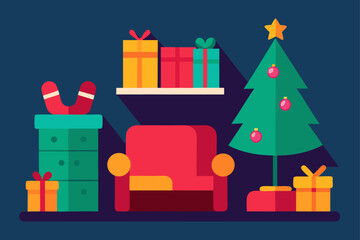 A decorated Christmas tree surrounded by festive gifts and presents with vibrant ribbons and bows