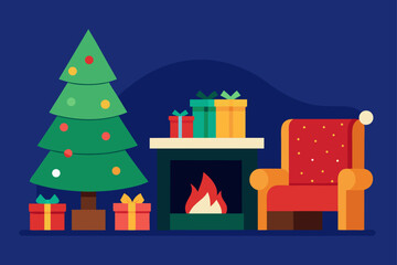 Vector cartoon illustration of a decorated Christmas tree with presents and a star on top