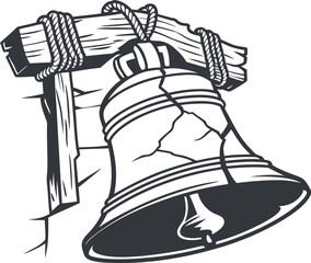 Vector art of cracked liberty bell hanging on wooden beam with rope © SumayiaAkter
