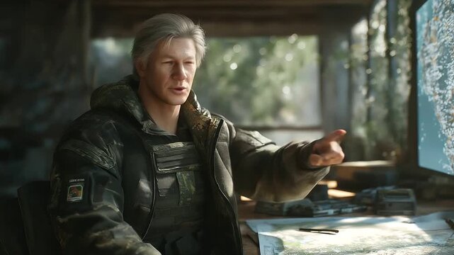 2 a military tech room with screens and radios cluttered desk with maps soft natural light from a window a middle aged officer in uniform analyzing a display natural poses as