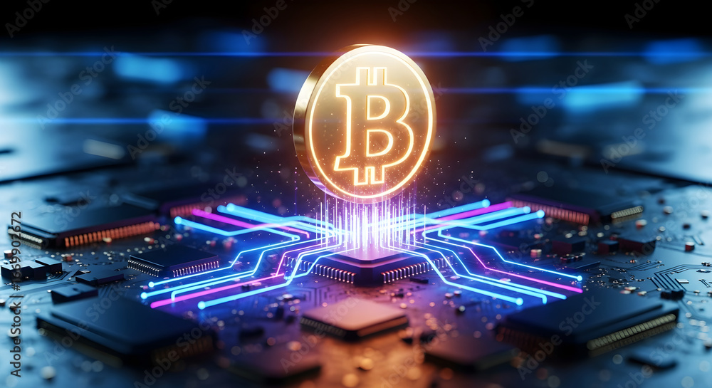 Poster a glowing bitcoin hovers above a futuristic circuit board, symbolizing the digital age of cryptocurr