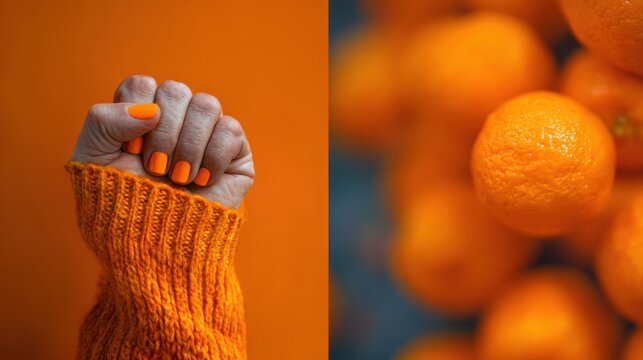 Hand with orange nail polish clenched into a fist, oranges, vibrant color scheme. Concept of fighting Complex Regional Pain Syndrome and Reflex Sympathetic Dystrophy with Color the World Orange Day.
