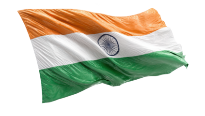 Indian flag waving, tricolor with Ashoka Chakra, isolated on black background