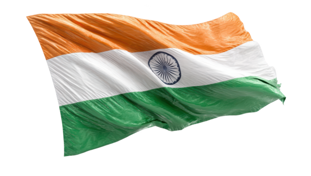 Indian flag waving, tricolor with Ashoka Chakra, isolated on black background
