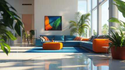 Bright modern living room with tropical decor and colorful furnishings