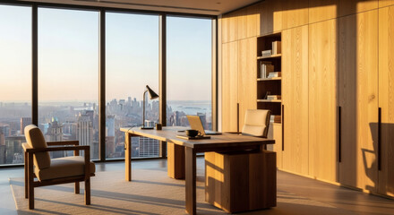 Fototapeta premium Modern Executive Office with Panoramic City Views at Golden Hour, Featuring Sleek Wooden Furniture and a Sophisticated Workspace for Productivity.