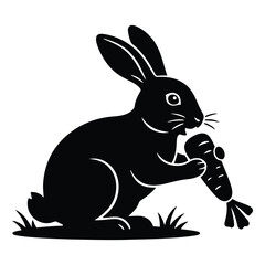 Minimalist rabbit eating carrot silhouette isolated on white background