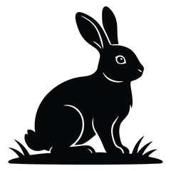 Black rabbit sitting on grass silhouette isolated on white background