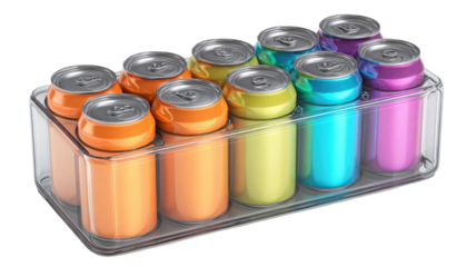 Clear plastic container holding a variety of colorful soda cans