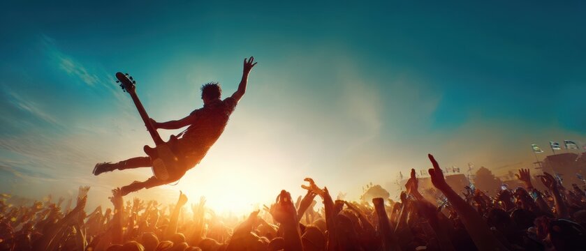 The Guitarist Leaping and Crowd Surfing Above an Energetic Music Festival Audience at Sunset