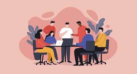 Diverse business team collaborating in a modern office meeting, discussing strategies and ideas with laptops. Ideal for corporate communication and project management concepts.