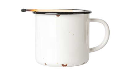 Off-white chipped ceramic mug with distress marks and a burnt matchstick on its rim, macro close-up with soft studio light, concept of aged utility and quiet reflection isolated on transparent backgro