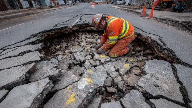 Road Damage Assessment: A construction worker, dressed in safety attire, meticulously examines a large chasm in the road. Witnessing the aftermath of a critical infrastructure failure.