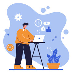 Man working on laptop at a standing desk, surrounded by technology and communication icons, representing remote work, online business, and productivity.