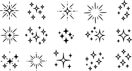 Hand drawn doodle sparkle and starburst icon set isolated on white background
