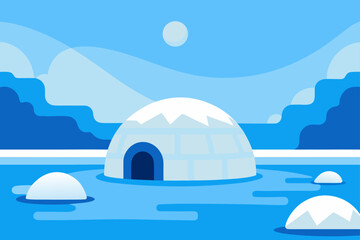 A beautiful vector illustration of a winter landscape with a house and snow-covered trees under a cloudy sky