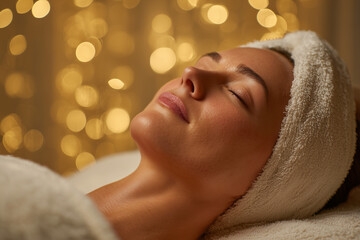 Relaxed woman enjoying a calming spa treatment with a towel head wrap and soft golden bokeh background