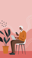 Senior African American man using laptop and smartphone, embodying modern digital connectivity. Ideal for business, tech, or lifestyle content.