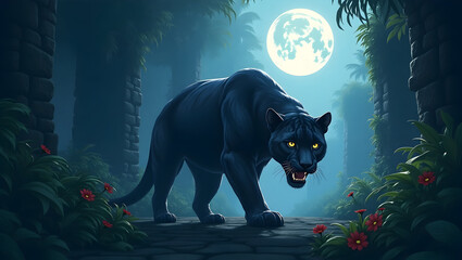Black Panther Walking on a Jungle Path Under the Moonlight