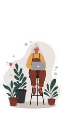 Elderly woman working on a laptop in a cozy home environment with potted plants, representing remote work and an active senior lifestyle.