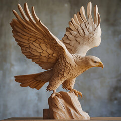 Intricately carved wooden eagle sculpture with wings spread on a natural base