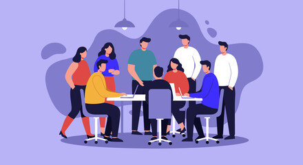 Diverse business team collaborating in a modern office setting. Ideal for concepts of teamwork, innovation, discussion, and productive corporate environments.