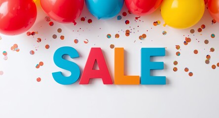 Celebration Backdrop with Colorful Balloons, Confetti, and Decorative SALE Text.