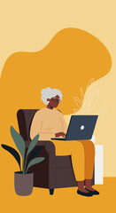 Senior African American woman, comfortable at home, engaged with her laptop. Illustrates online learning, remote work, or leisure for older adults.