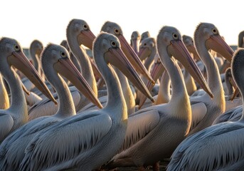 A flock of pelicans gathered together isolated on transparent background