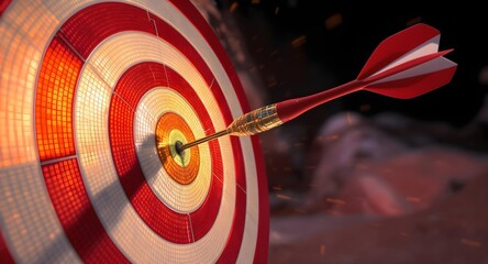 Red Dart Striking Bullseye:  Achieving Success, Goal Achievement, Target Marketing Concept.