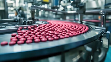 Obraz premium Pharmaceutical production line with rows of pink pills on a conveyor belt.