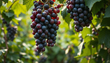 Close-Up of Ripe Red and Purple Grapes Hanging on Vine in Vineyard