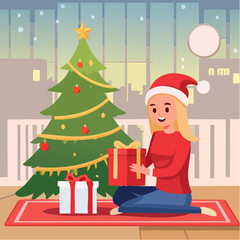 Beautiful excited isolated blonde girl opening Christmas present