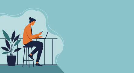 Person efficiently works remotely on laptop and smartphone from a balcony, showcasing modern flexible work, digital connectivity, and a productive lifestyle.