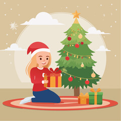 Beautiful excited isolated blonde girl opening Christmas present