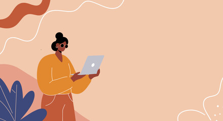 Professional woman working remotely on laptop with abstract background. Freelance, digital nomad, or online business concept.