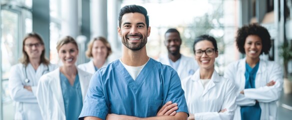 The medical team of confident diverse doctors and nurses in modern clinical setting
