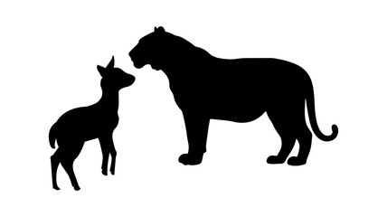 Stunning black silhouette of a lioness tiger and deer