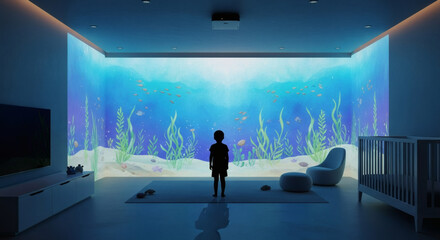 Obraz premium Enchanted child gazes at a breathtaking oceanic projection transforming a contemporary room into a serene underwater fantasy, fostering wonder and exploration.