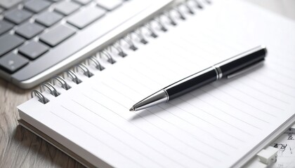 Notebook and Pen on a Desk with Keyboard.