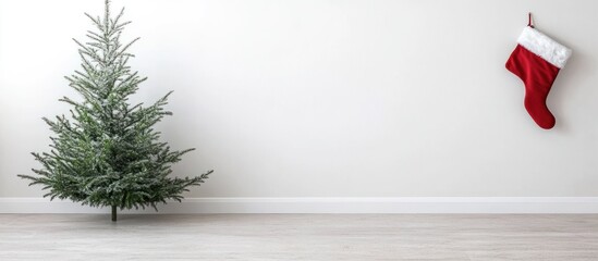 Minimalist Christmas scene: small fir tree and stocking against a white wall.