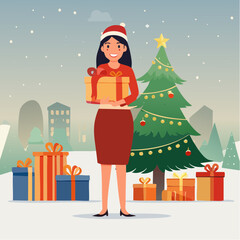 Beautiful isolated brunette holding Christmas presents
