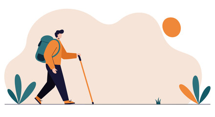 Solo male hiker with backpack and walking stick exploring a minimalist outdoor landscape under the sun. Represents adventure, travel, and an active lifestyle.