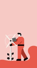 Person working with solar panel and wind turbine, representing green energy, sustainable development, and environmental protection for business and technology.