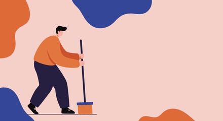 Stylized illustration of a person sweeping with a broom and dustpan, embodying concepts of cleanliness, home care, and daily chores. Ideal for lifestyle, domestic services, or organizational themes.