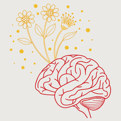 Vector art of red brain with yellow flowers and dots