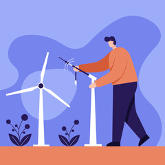Man setting up a monitoring device for a wind turbine, symbolizing sustainable energy, green technology, and environmental innovation.