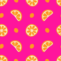 Orange Fruit Slices Seamless Pattern. Bright Playful Citric Background with hand drawn Juicy Elements on Vibrant Pink. Freshness repeat vector illustration