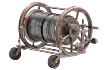 Industrial cable reel on wheels.  Dark-colored cable wound on a large metal reel, mounted on a sturdy, metal cart with wheels.  Machinery details visible